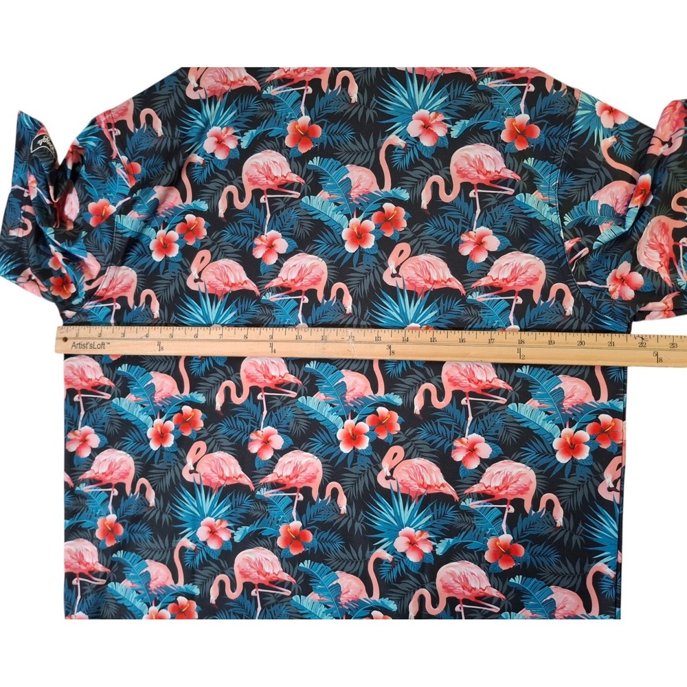 Waggle Beach Golf Polo Shirt Womens Large Blue Pink Flamingo All Over Print - Picture 6 of 7